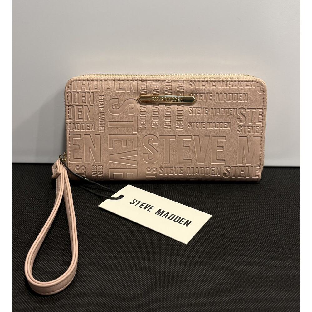Steve Madden Large Zip Around Wallet Embossed Logo Vegan Wristlet Blush Pink New